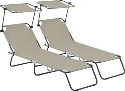 Two taupe-colored lounge chairs with sunshades are shown against a white background.