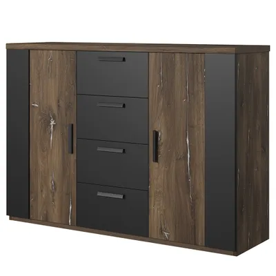 Produktbild von Schlafzimmer Kommode SOLMS-83 in Flagstaf Eiche dunkel Nb. und silber, kombiniert mit schwarz, B/H/T: ca. 132/94/40 cm