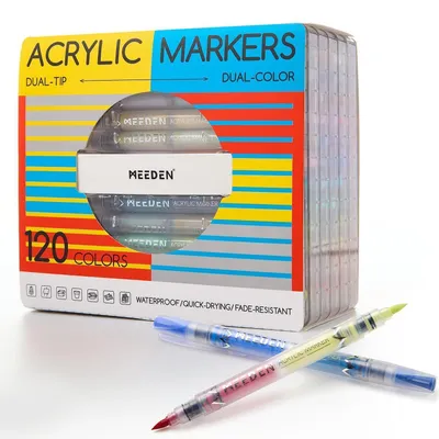 Produktbild von Acrylmarker Doppelspitze Pinselspitze 120 Farben 60 Stifte Schnelltrocknend Wasserfest für Stein Holz Glas Metall Stoff Keramik