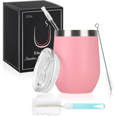 Productafbeelding van RVS-wijnglas met deksel, dubbelwandig, 12oz, roze, 1 stuk