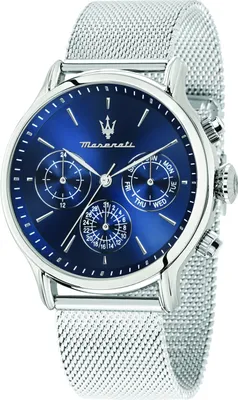 A close-up studio shot of a Maserati men's watch with a blue dial and a silver mesh band.