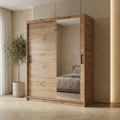 Produktbild von BEAUTYSOFA | Schwebetürenschrank HELA 160 cm Eiche Artisan – 2-türig Moderner Kleiderschrank mit Spiegel und Schiebetüren