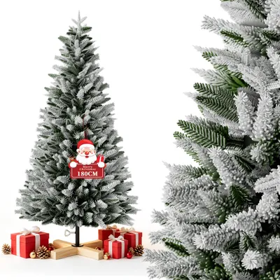 Zdjęcie produktu dla LARS360 Sztuczne drzewko świąteczne, 180 cm, z drewnianą podstawą, typ D, sztuczne drzewko świąteczne z realistycznym efektem śniegu, wykonane z PVC i PE, bez oświetlenia