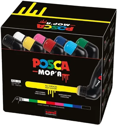 Produktbild von POSCA PCM-22, Schwarz, Blau, Grün, Hellblau, Pink, Rot, Weiß, Gelb, Mehrfarbig, 8 Farben, Extradick, Tinte auf Wasserbasis, Rundspitze