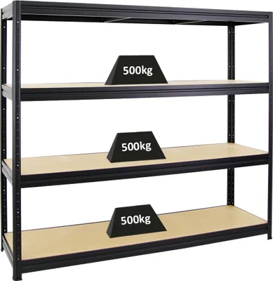 Produktbild von Schwerlastregal DINO | HxBxT 180x200x60cm | 4 MDF-Platten-Ebenen 6,5 mm | Fachlast 500kg | Schwarz
