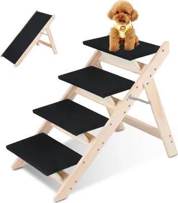 Produktbild von Jayseuw 2 in 1 Hundetreppe 4-Stufen Hunderampe Haustiertreppe Kiefernholz Rutschfest Tiertreppe Einstiegshilfe Klappbar