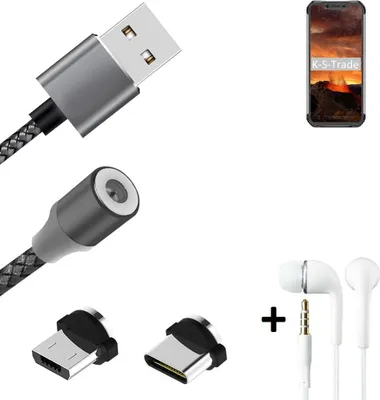 Produktbild von K-S-Trade® Hochwertiges Magnet-Lade-kabel Sync-Kabel Daten-Kabel + Kopfhörer kompatibel mit Blackview BV9600E mit USB-Typ-C-Anschluss und