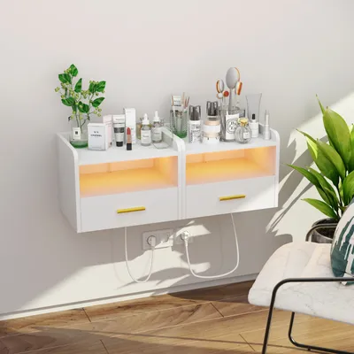 Produktbild von 2x Hängender LED Nachttisch,Schwebender Nachtschrank mit Steckdose,Beistelltisch Holz moderner Nachttisch für Schlafzimmer 40x30x30cm Weiß