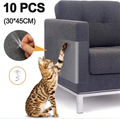 A cat is shown scratching a sofa arm, with a protective clear film applied to it. The product is presented as a solution to prevent furniture damage from pets.
