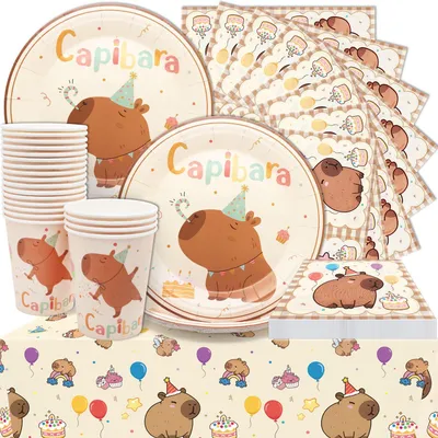 61-tlg. Capybara-Partyset mit Tellern, Bechern, Servietten & Tischdecke