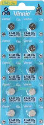 A blister pack of Vinnic LR41 alkaline button cell batteries.