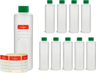 Produktbild von 10 Plastikflaschen 250 ml, rund mit grünen Deckeln (leer)