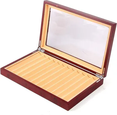 Image de 12 slots Boîte à crayons en bois Boîte de rangement pour crayons avec fenêtre en verre rouge
