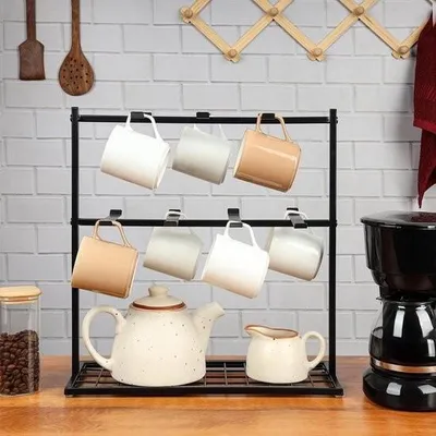 Zdjęcie produktu dla Stojak na filiżanki do kawy z półką - 40 x 15 x 41 cm - Stojak na filiżanki z 14 haczykami - 2-poziomowy metalowy organizer do kuchni lub baru z kawą i herbatą