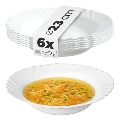 Produktbild von KADAX Tiefer Teller ∅ 23 cm, 6er Set, minimalistischer Suppenteller aus gehärtetem Glas, Tellerset, Pastateller, Tiefteller, Nudelschalen, Speiseteller (Weiß)
