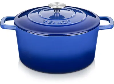 Productafbeelding van Dutch Oven, gietijzeren pan met emaille coating, 6 liter, deksel, blauw, rond