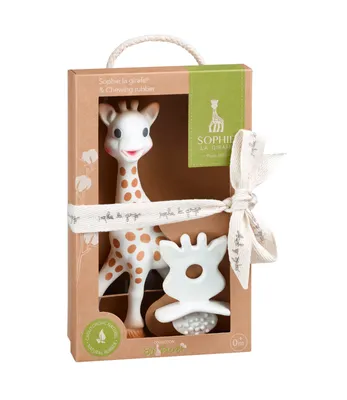 A gift set of Sophie la Giraffe and a So Pure pacifier-teether, presented in its original packaging.