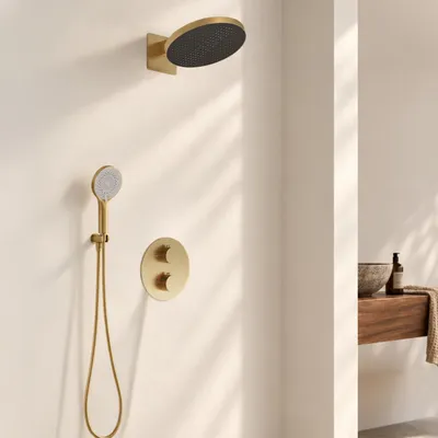 Zdjęcie produktu dla Lomazoo Podtynkowy zestaw prysznicowy złoty - Deszczownica 30 cm - z baterią termostatyczną - z okrągłą słuchawką prysznicową - Aurora