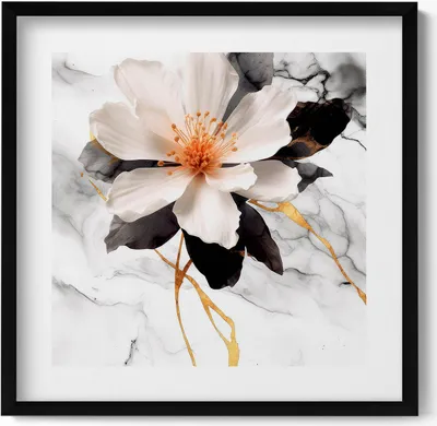 Produktbild von Marmorkomposition mit Blumen– Wandbild mit Rahmen – Gerahmtes Bild  – Wanddekoration – 50x50 cm –  Schwarz Rahmen