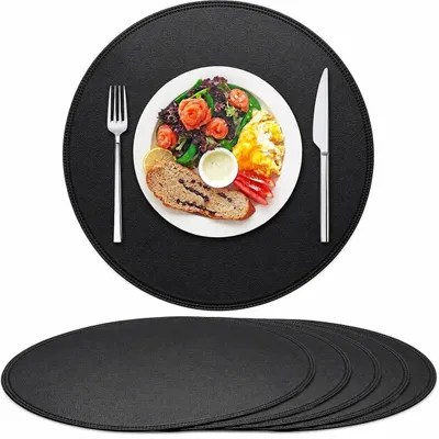 6 runde Kunstleder-Tischsets, wasserdicht, rutschfest, 38,1 cm, schwarz