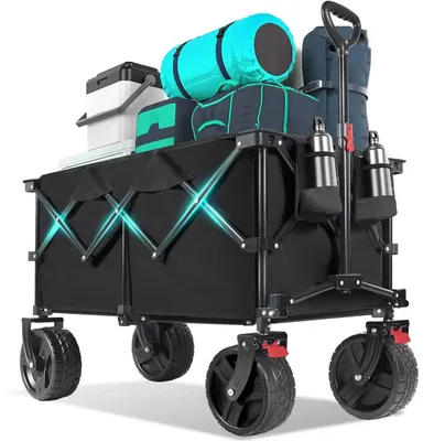 Image de Chariot pliable XXL – Capacité : 200 litres – Charge maximale : 200 kg – Freins – Pneus tout-terrain extra larges – Système de pliage breveté en quatre directions – Noir