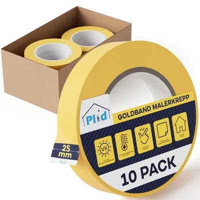 Produktbild von Plid Goldband Malerkrepp (25mm x 50m, 10 Rollen) - Malerklebeband Nassfest - Innen & Außen - Abklebeband Maler, verhindert Unterlaufen von Farben