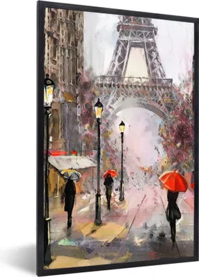 Produktbild von MuchoWow® Gerahmtes Poster Gemälde - Paris - Eiffelturm - Regenschirm - Ölgemälde 60x90 cm - Poster mit Schwarzem Bilderrahmen Wandposter Rahmen Foto Bilder - Kunst