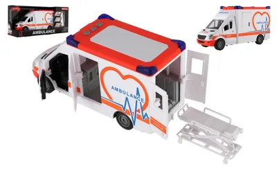 Immagine prodotto di Ambulanza giocattolo in plastica da 28 cm con lettino, volano, luci e suoni, in confezione da 39x18x12 cm