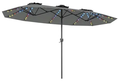 Produktbild von KOMFOTTEU Doppel-Sonnenschirm, 380 x 200 cm, mit LED-Leuchten, rechteckiger Gartenschirm mit Kurbel und 12 Streben, großer Sonnenschirm mit Sonnenschutz, Marktschirm für Pool, Terrasse, ohne Fuß