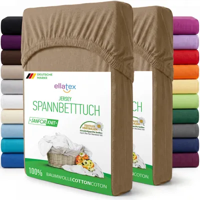 Produktbild von EllaTex 2er Pack Jersey Spannbettlaken 90x200–100x200 Baumwolle – Spannbetttücher Set für Standard Matratzen, Farbe: Cappuccino