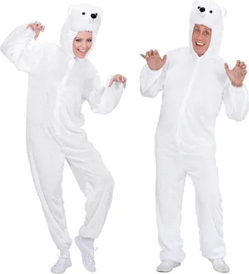 Two people wearing polar bear costumes.