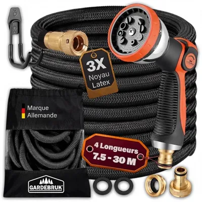 Image de Gardebruk Tuyau d'arrosage Noir 22 m flexible Latex triple épaisseur Adaptateur en laiton 12 bars Jardin Plantes