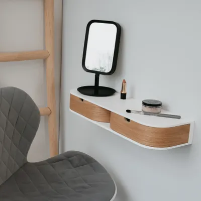 Produktbild von Valiai Wandregal mit 2 Schubladen Holz weiß/Eiche kleines Regal