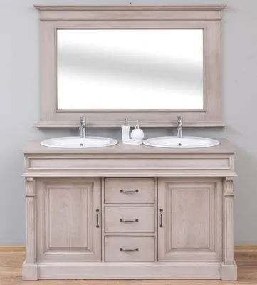 Produktbild von Casa Padrino Landhausstil Badezimmer Set Grau - 1 Doppelwaschtisch & 2 Waschbecken & 2 Wasserhähne & 1 Wandspiegel - Massivholz Badezimmermöbel im Landhausstil