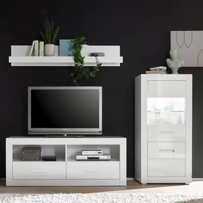 Produktbild von Hifi-Möbel Wohnwand-Set BALVE-61 in Hochglanz weiß mit Highboard inkl. LED BxHxT: 230x185x45cm