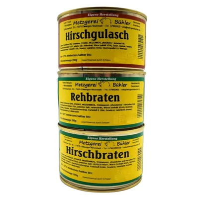 Produktbild von Wildset 3 Dosen Fertiggerichte 400 g Hirschgulasch, 400 g Rehbraten und 400 g Hirschbraten in leckerer Soße in lang haltbarer Konserve