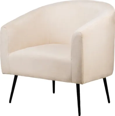 A beige upholstered armchair with black metal legs, shown from a three-quarter view against a white background.