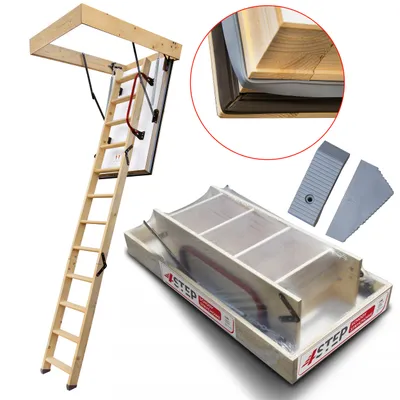 A collage of images showing a wooden attic ladder, a close-up of its seal, and two plastic wedges.