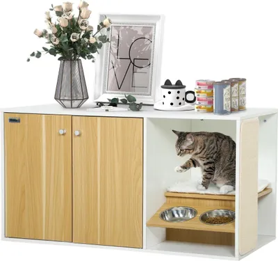 Image de Armoire pour litière - Meuble pour litière - 3 en 1 - Avec portes - Coussins et gamelles - Tapis à griffer - 95 x 48 x 50,5 cm - Blanc et chêne