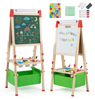 Produktbild von COSTWAY 3 in 1 Staffelei Kinder höhenverstellbar,doppelseitige Kindertafel mit Whiteboard, Kreidetafel, Papierrolle, Kreiden & Farbstift,Standtafel 3+