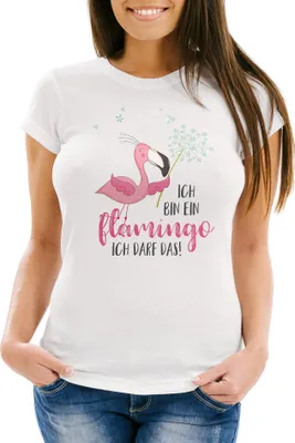 Produktbild von Damen T-Shirt Flamingo Ich bin ein Flamingo ich darf das Spruch Pusteblume Slim Fit tailliert Baumwolle Moonworks® weiß-pink XS