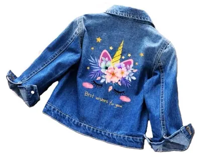 Productafbeelding van OrJana jeansjas voor meisjes met eenhoorn, blauw denim, versierd met bloemen en sterren
