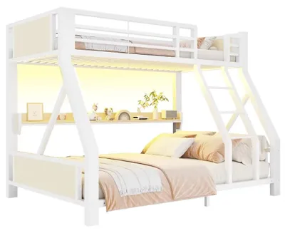 Immagine prodotto di Letto a castello - Letto superiore 90x200 cm e letto inferiore 140x200 cm - Struttura in metallo e legno - Con spazio contenitivo - Bianco