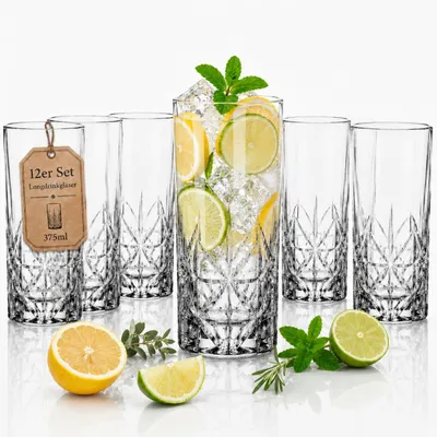 Produktbild von 12er Set Longdrinkgläser 375 ml mit edler Schliffoptik Wassergläser Cocktailgläser Saftgläser für Softdrinks Latte Macchiato spülmaschinengeeignet