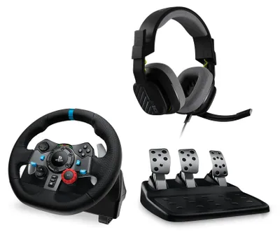 Produktbild von Logitech Driving Force G29 PS3/PS4/PS5/PC-Lenkrad im Paket mit Astro A10-Gaming-Headset