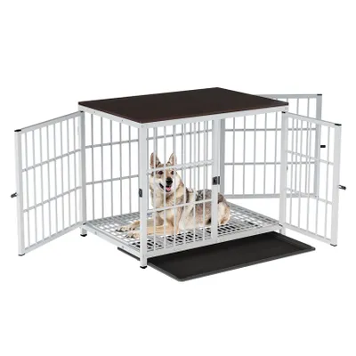 Obrázek produktu pro FATIVO Dřevěná klec pro psy do interiéru 91 x 63 x 74 cm, nábytkový styl se 3 dvířky, odnímatelnou podložkou, klec pro středně velké psy, bílá