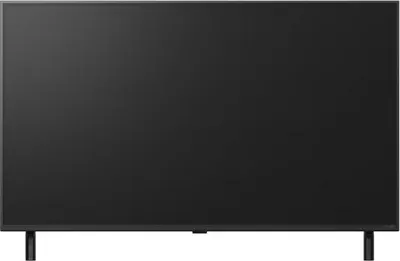 A black television set with two black legs is shown from the front.