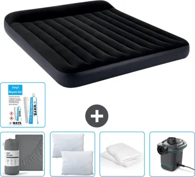 Produktbild von Intex Luftbett - 2 Personen - 183 x 203 x 25 cm - Dunkelblau - Im Lieferumfang enthalten Spannbettuch - Küssen - Pumpe - Reperaturset en Kissenschutz