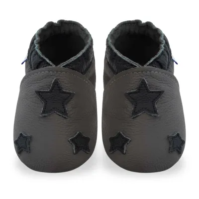 Produktbild von YIHAKIDS Baby Krabbelschuhe Leder 6-12 Monate, Lauflernschuhe mit Wildledersohle Jungen Mädchen Sternmotiv Grau