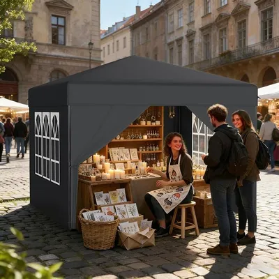 Productafbeelding van Pop-up paviljoen 2.5x2.5, waterdicht, stabiel, winterbestendig, anti-UV, inklapbaar paviljoen met 4 zijpanelen, partytent, 3 hoogtes verstelbaar (240-260 cm), inklapbare tuintent, antraciet